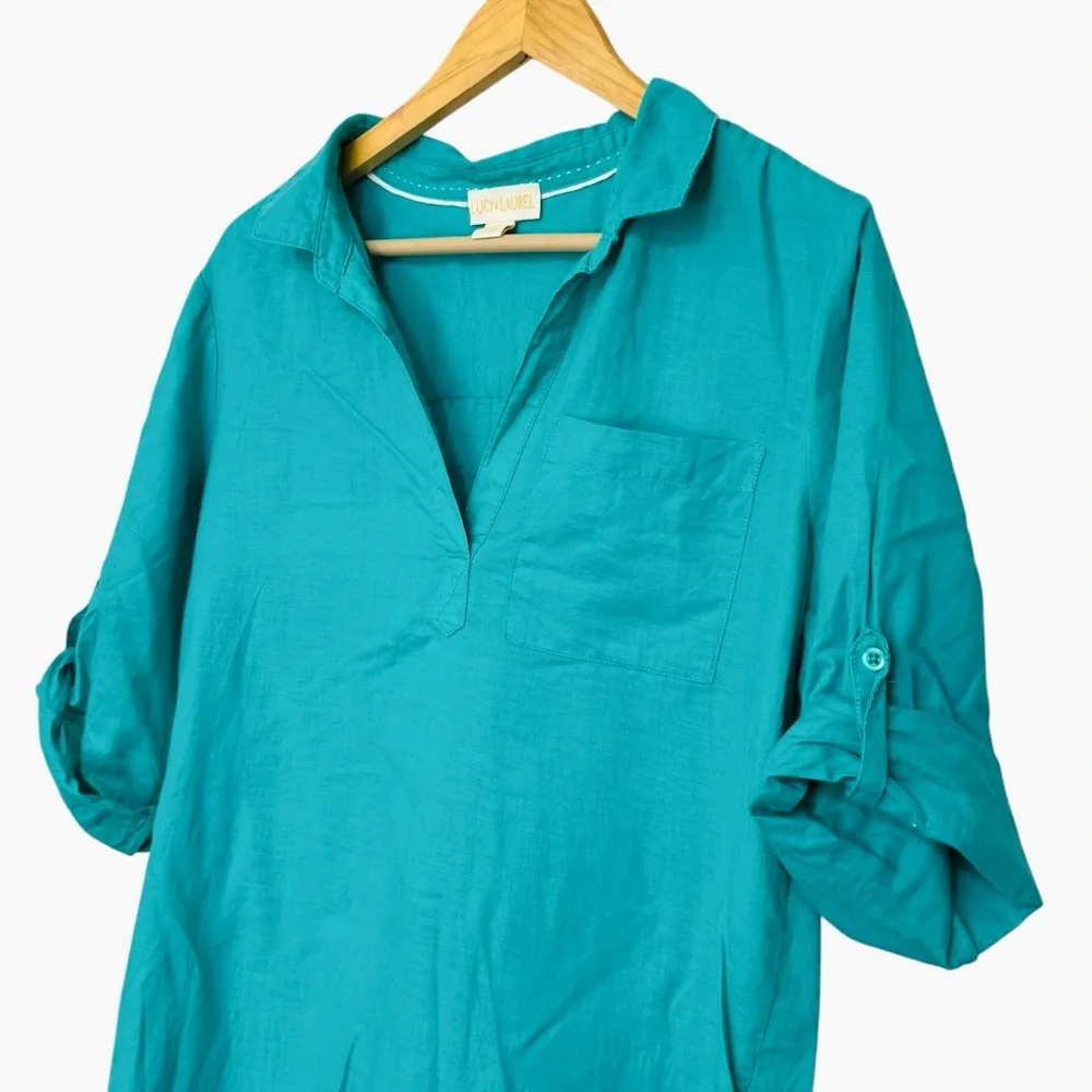 Lucy & Laurel linen Cotton Blend Teal Button-Up Women's Top Coastal Classic Sz M - Picture 3 of 5
